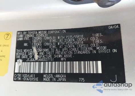 2004 Lexus Rx 330 из США, поврежденный, VIN JTJGA31U440037151